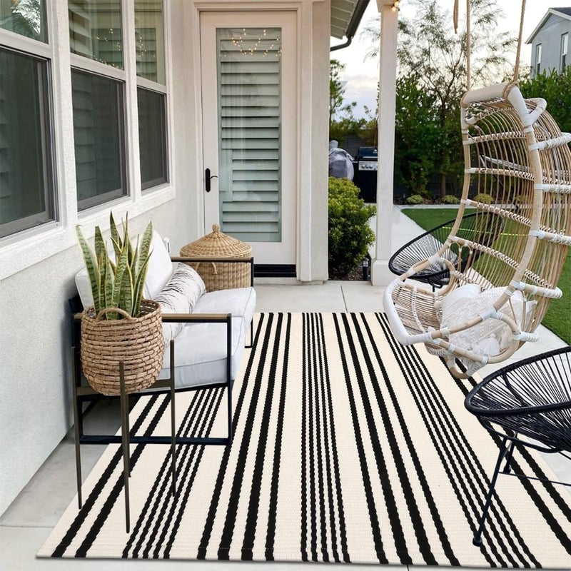 LEEVAN Black and White Indoor Outdoor Rug, 5’x8’ Cotton Striped Reversible Washable Modern Farmhouse Rug, Hand-Woven Large Patios Area Rug Carpet Mat for Clearance Bedroom Living Room Balcony Decor - Image 1